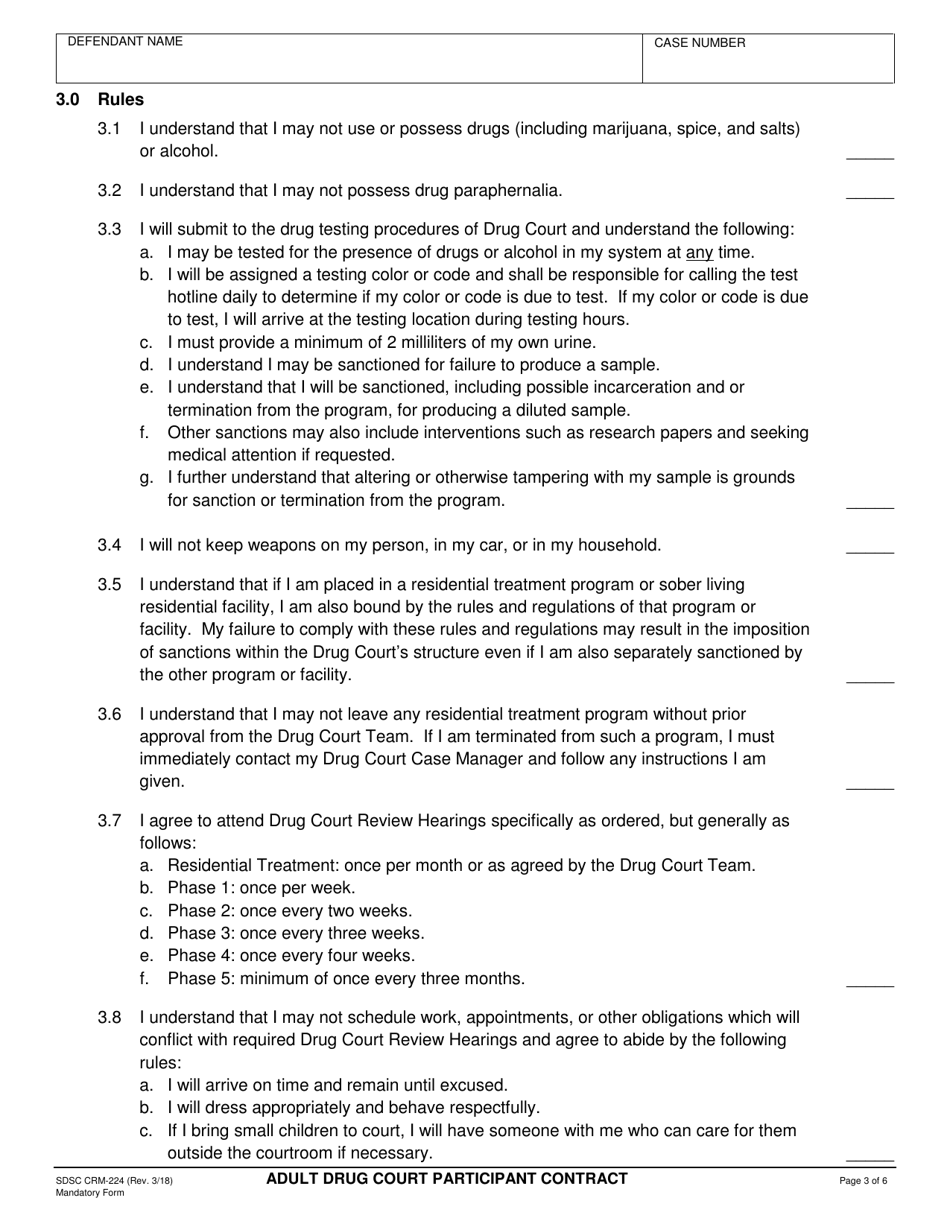 Form CRM-224 Adult Drug Court Participant Contract - County of San Diego, California, Page 3
