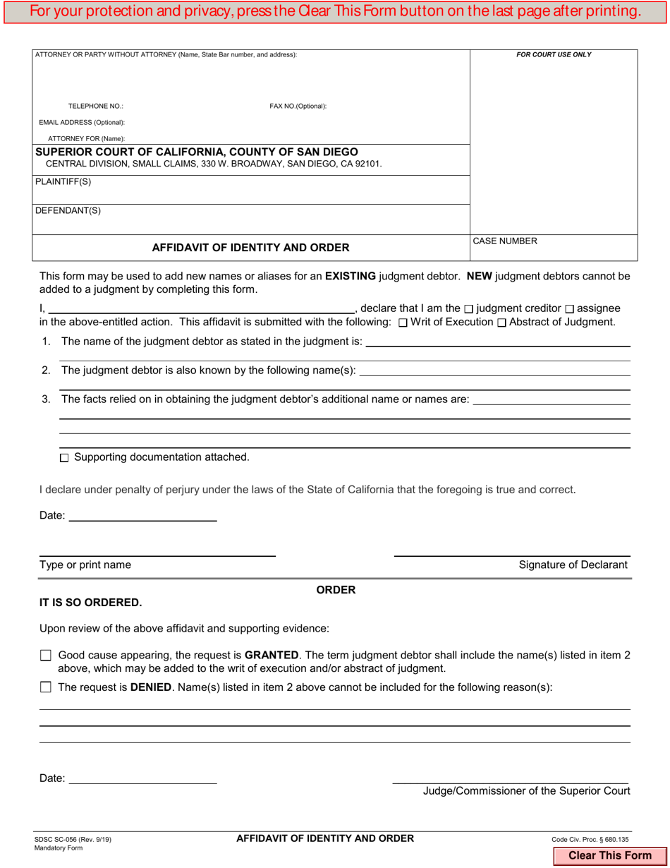 Form SC-056 Affidavit of Identity and Order - County of San Diego, California, Page 1