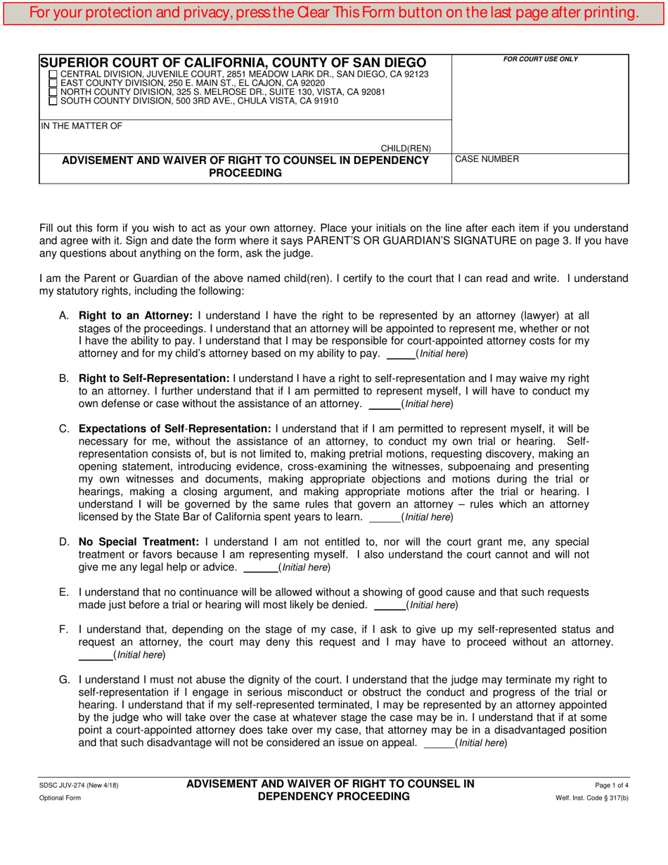 Form JUV-274 Advisement and Waiver of Right to Counsel in Dependency Proceeding - County of San Diego, California, Page 1