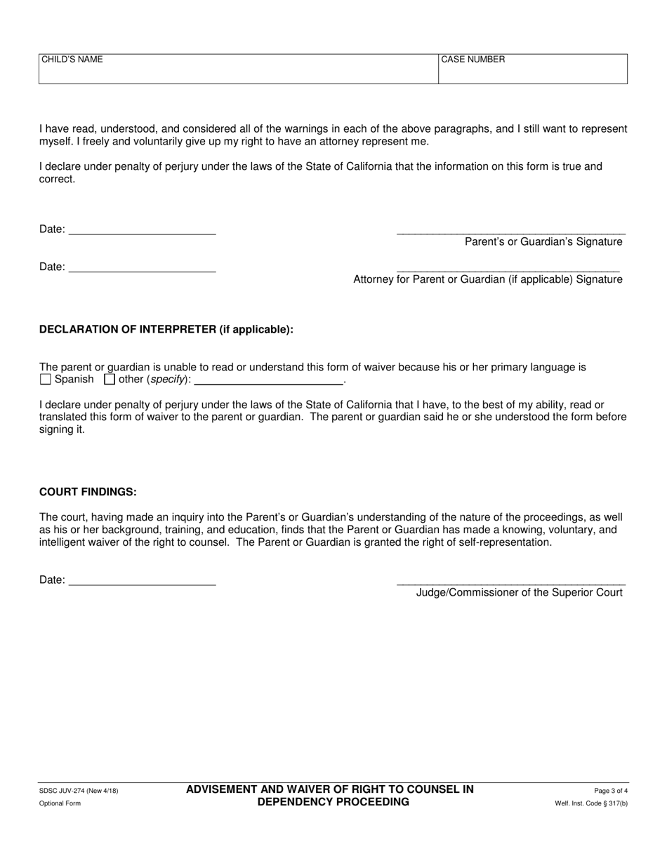 Form JUV-274 Advisement and Waiver of Right to Counsel in Dependency Proceeding - County of San Diego, California, Page 3
