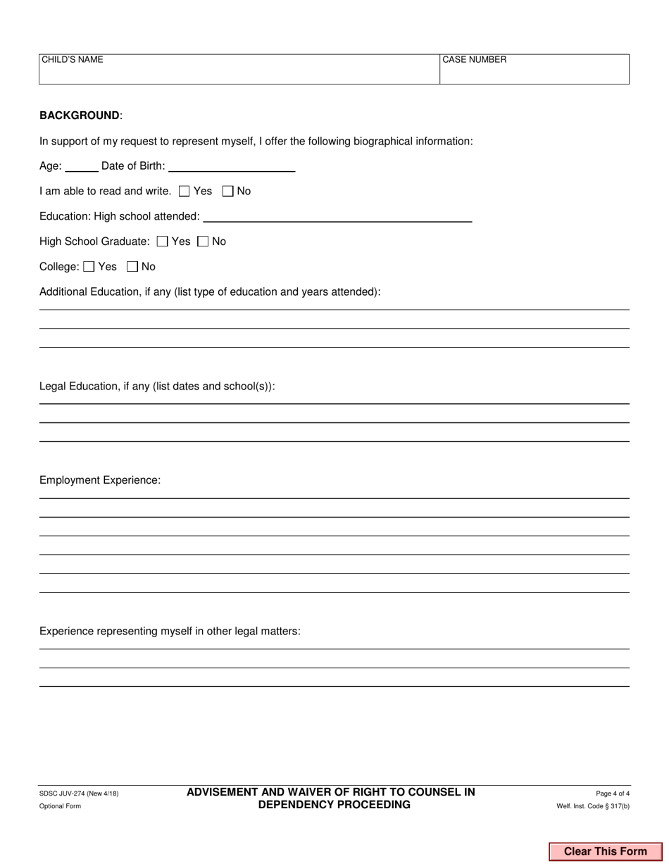 Form JUV-274 Advisement and Waiver of Right to Counsel in Dependency Proceeding - County of San Diego, California, Page 4