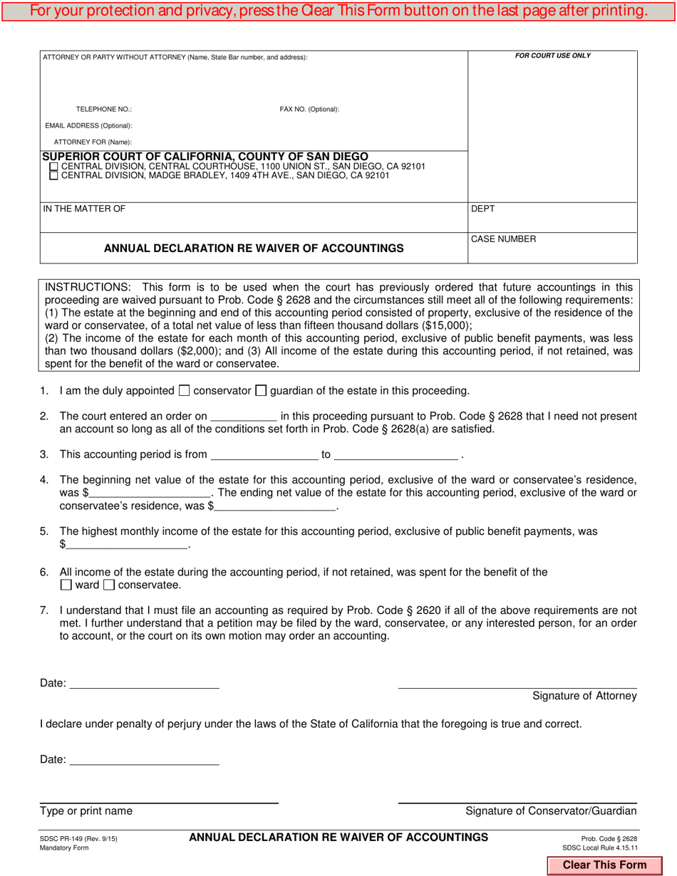 Form PR-149 Annual Declaration Re Waiver of Accountings - County of San Diego, California, Page 1