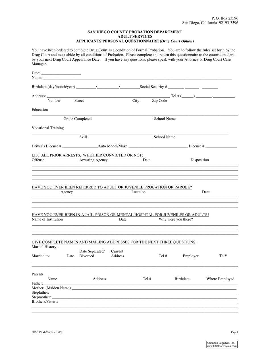 Form CRM-226 Applicants Personal Questionnaire (Drug Court Option) - County of San Diego, California, Page 1