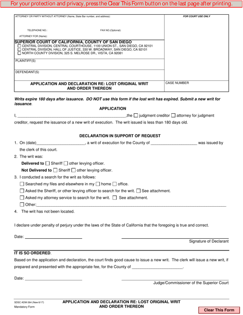 Form ADM-364 Application and Declaration Re: Lost Original Writ and Order Thereon - County of San Diego, California