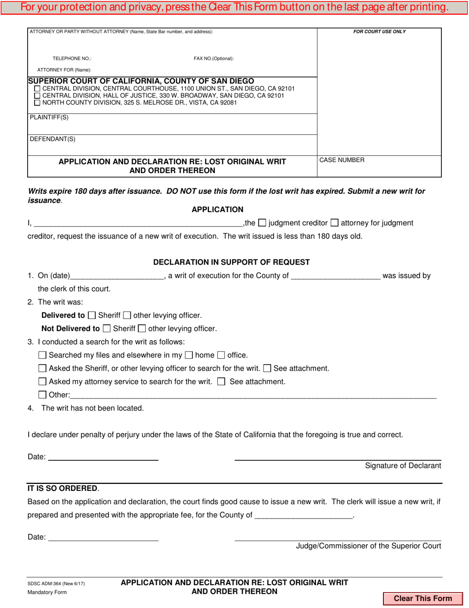 Form ADM-364 Application and Declaration Re: Lost Original Writ and Order Thereon - County of San Diego, California, Page 1