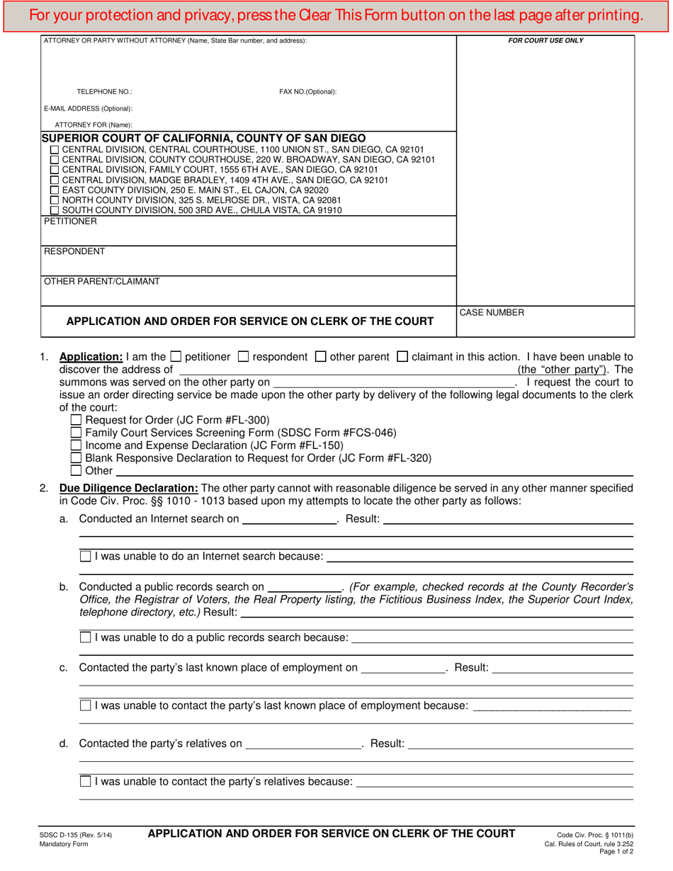 Form D-135 Application and Order for Service on Clerk of the Court - County of San Diego, California, Page 1