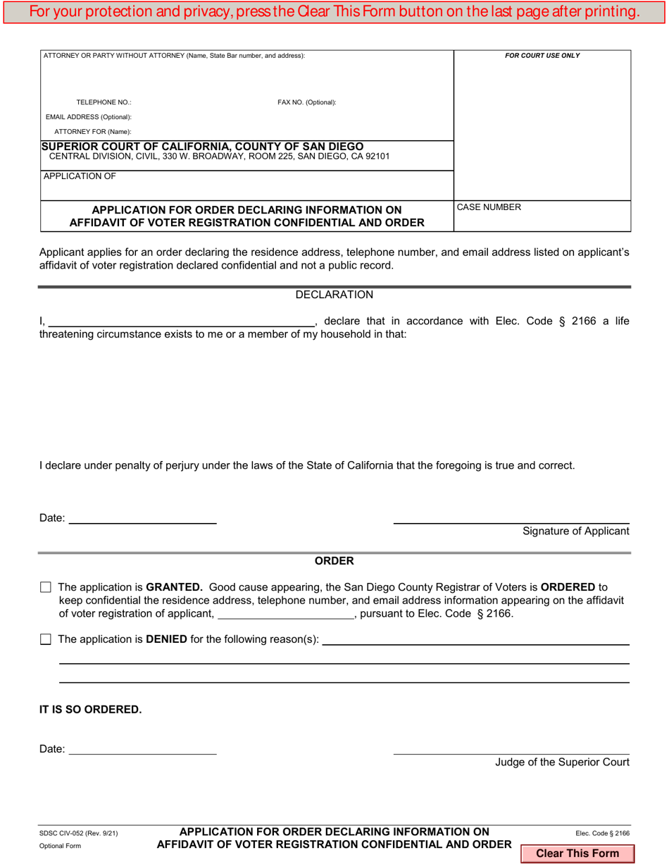 Form CIV-052 Application for Order Declaring Information on Affidavit of Voter Registration Confidential and Order - County of San Diego, California, Page 1