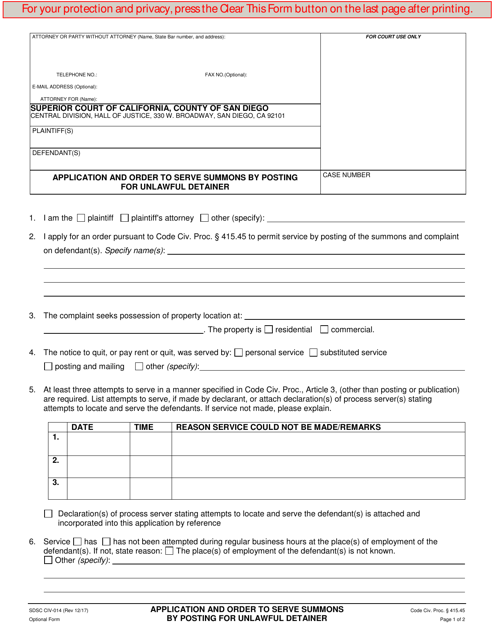 Form CIV-014 Application and Order to Serve Summons by Posting for Unlawful Detainer - County of San Diego, California