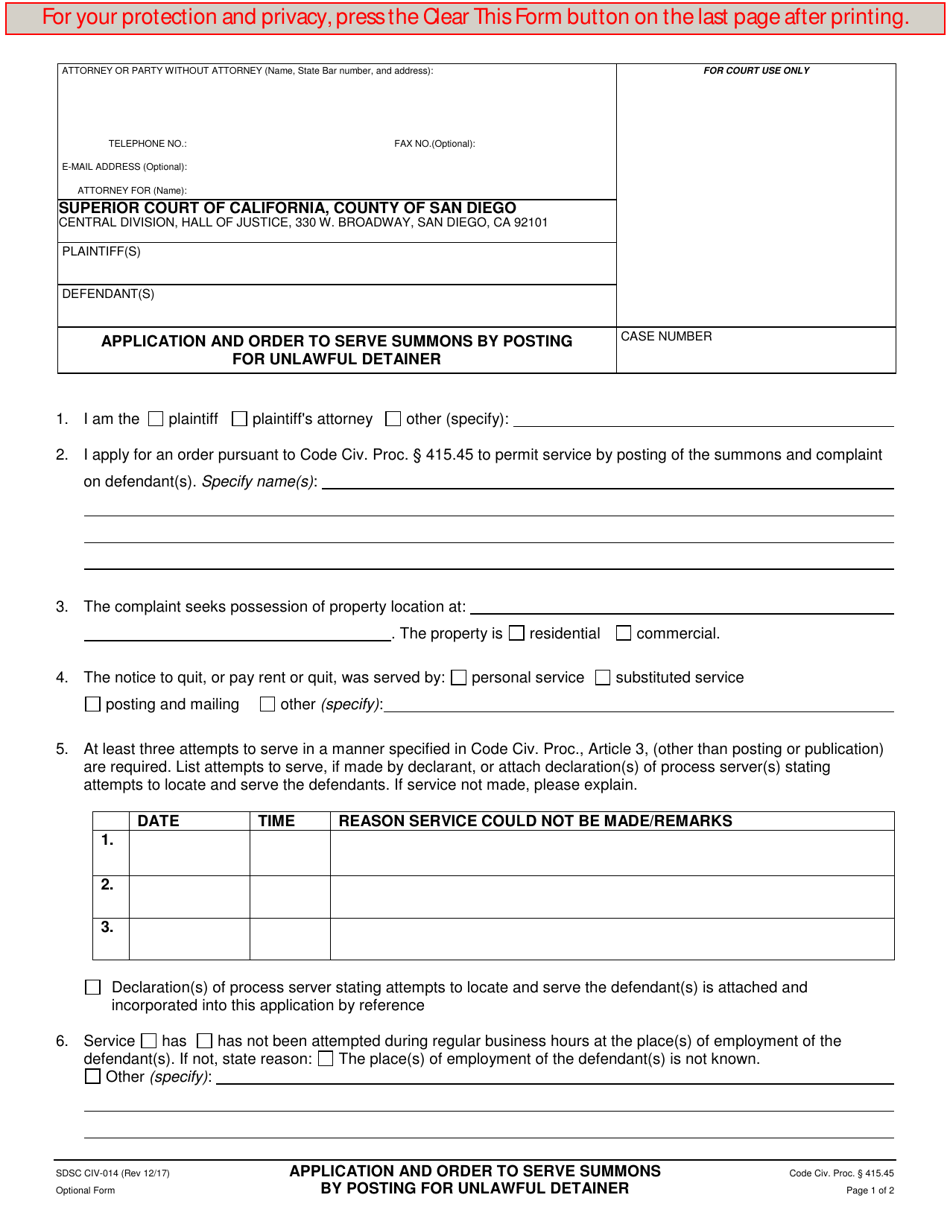 Form CIV-014 Application and Order to Serve Summons by Posting for Unlawful Detainer - County of San Diego, California, Page 1