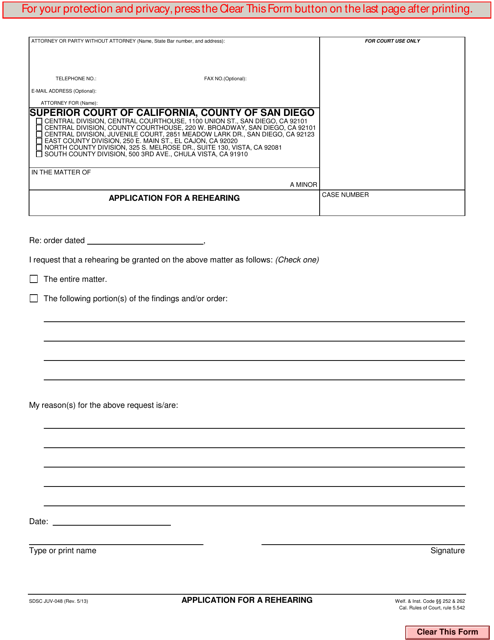 Form JUV-048 Application for a Rehearing - County of San Diego, California