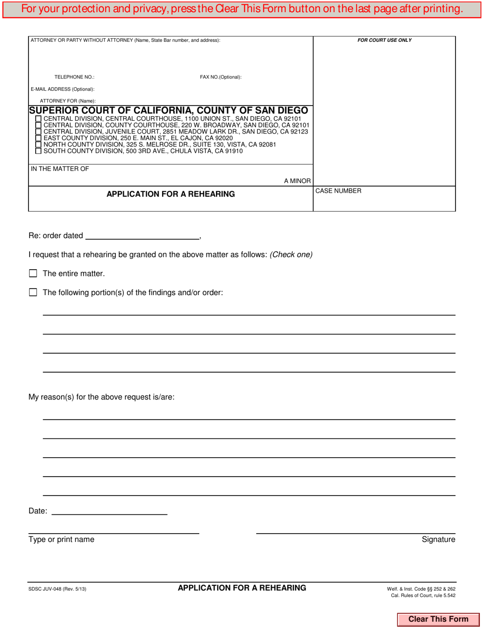 Form JUV-048 Application for a Rehearing - County of San Diego, California, Page 1