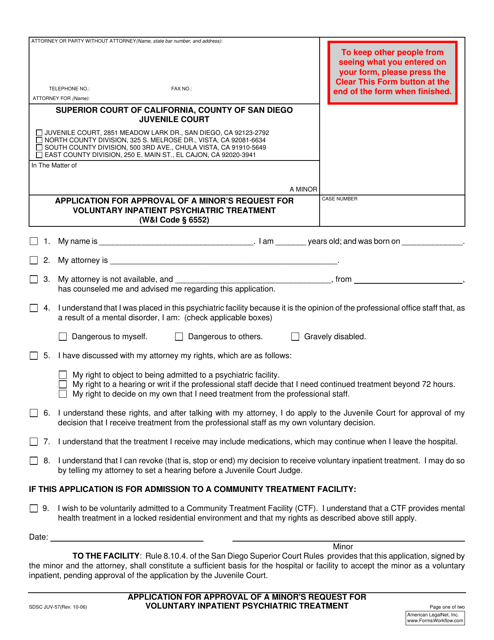 Form JUV-57 Application for Approval of a Minor's Request for Voluntary Inpatient Psychiatric Treatment - County of San Diego, California