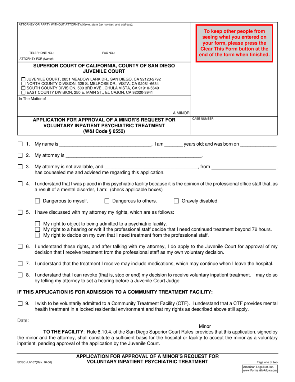 Form JUV-57 Application for Approval of a Minors Request for Voluntary Inpatient Psychiatric Treatment - County of San Diego, California, Page 1