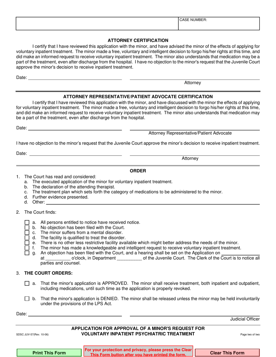 Form JUV-57 Application for Approval of a Minors Request for Voluntary Inpatient Psychiatric Treatment - County of San Diego, California, Page 2