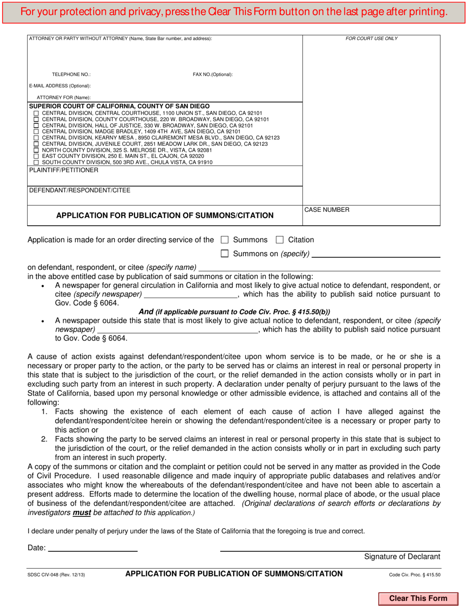 Form CIV-048 Application for Publication of Summons / Citation - County of San Diego, California, Page 1