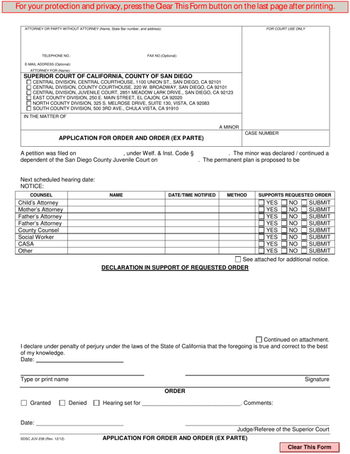 Form JUV-238 Application for Order and Order (Ex Parte) - County of San Diego, California