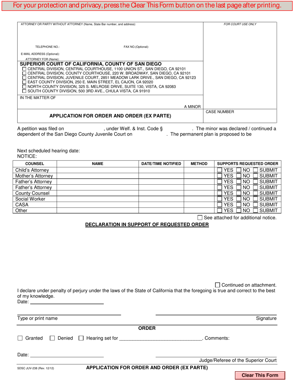 Form JUV-238 Application for Order and Order (Ex Parte) - County of San Diego, California, Page 1