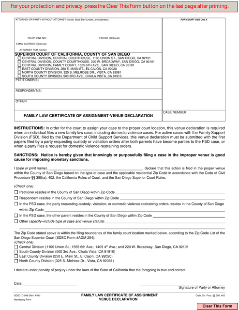 Form D-049 Family Law Certificate of Assignment-Venue Declaration - County of San Diego, California