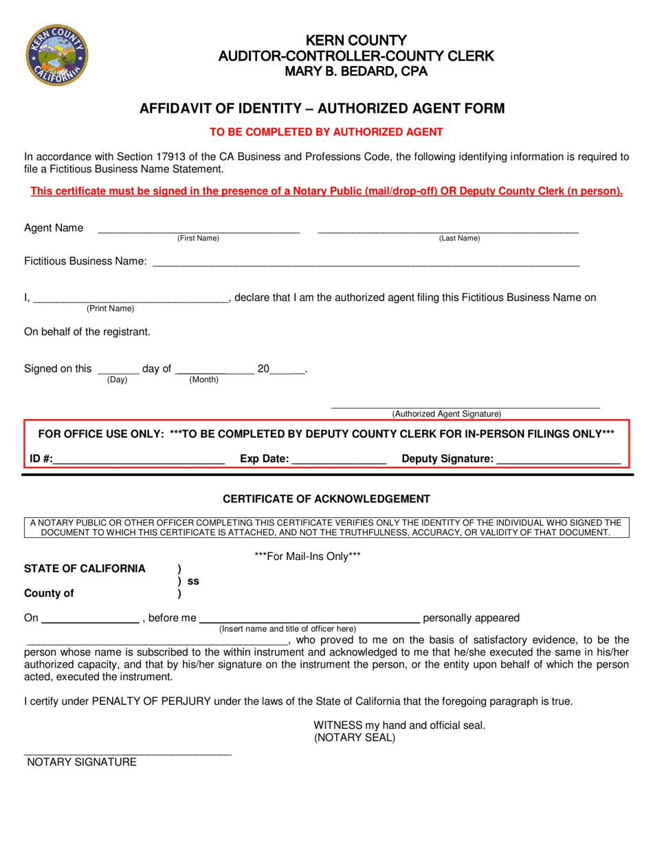 Affidavit of Identity - Authorized Agent Form - Kern County, California, Page 1