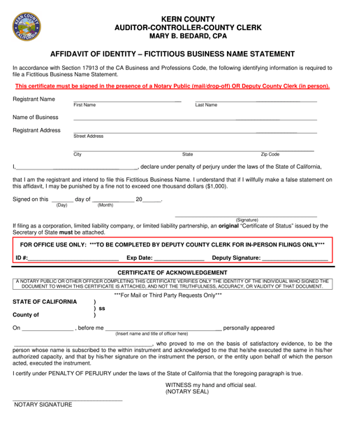 Affidavit of Identity - Fictitious Business Name Statement - Kern County, California Download Pdf