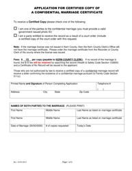 Document preview: Application for Certified Copy of a Confidential Marriage Certificate - Kern County, California