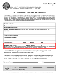 Document preview: Application for Veteran's Fee Exemption - Kern County, California