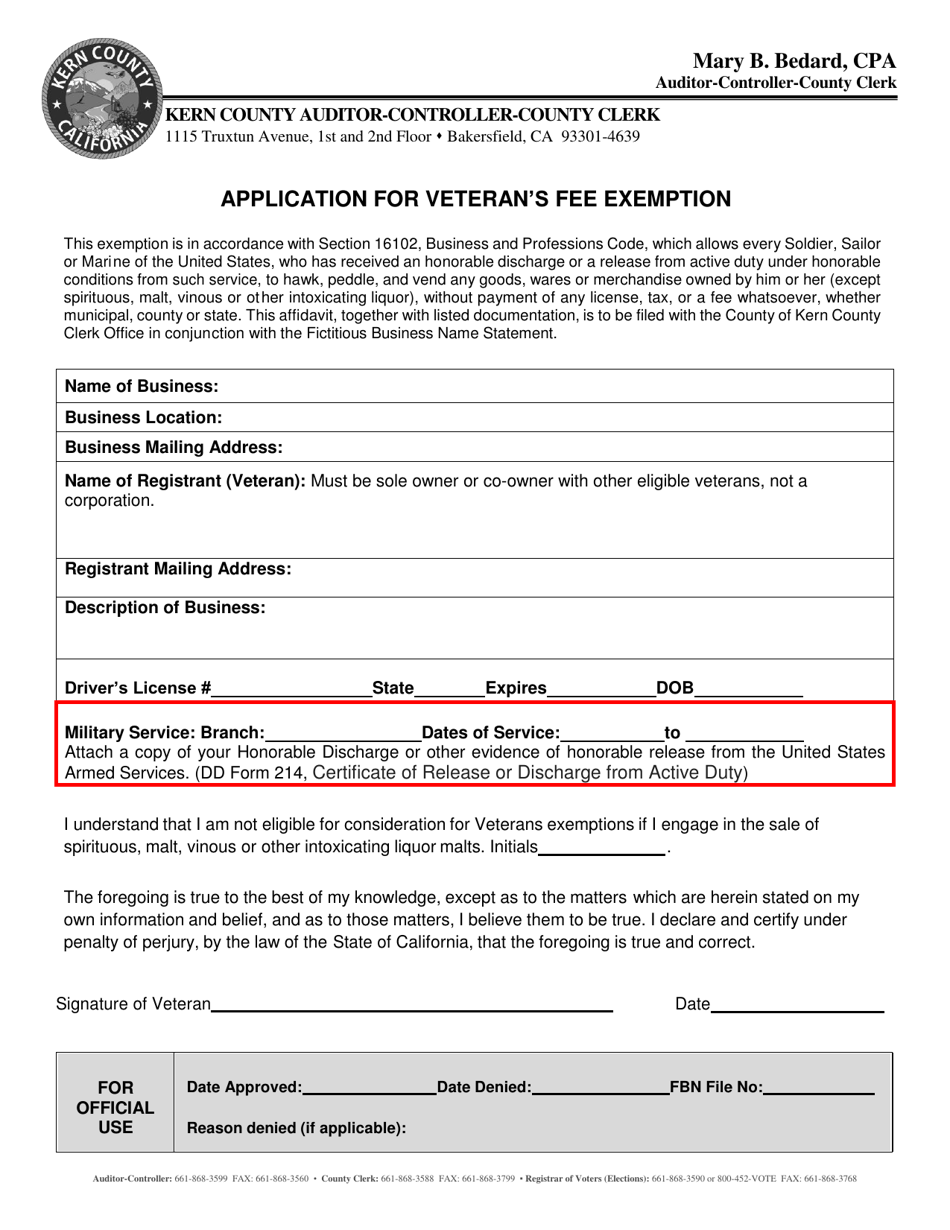 Kern County, California Application for Veteran's Fee Exemption - Fill ...