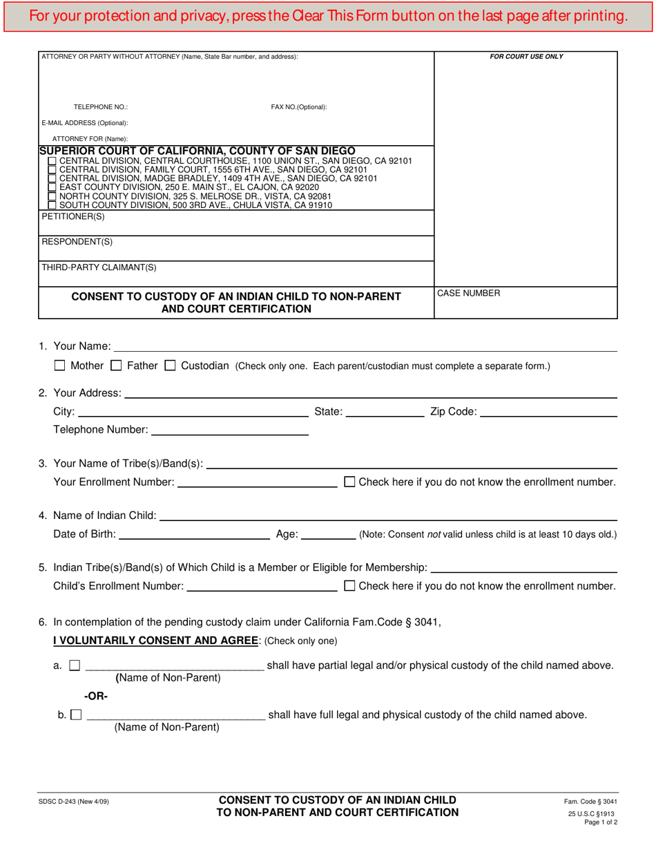 Form D-243 Consent to Custody of an Indian Child to Non-parent and Court Certification - County of San Diego, California, Page 1
