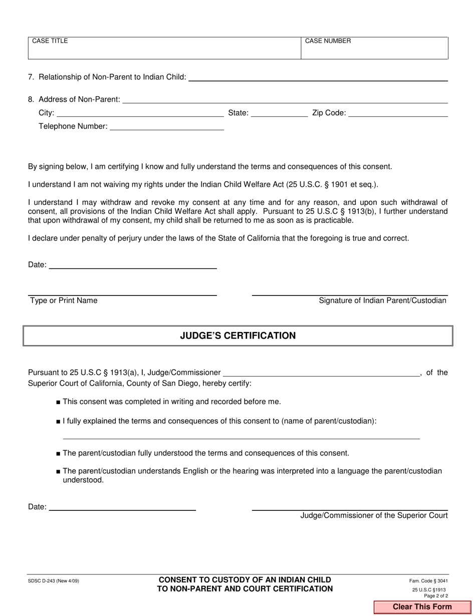 Form D-243 Consent to Custody of an Indian Child to Non-parent and Court Certification - County of San Diego, California, Page 2