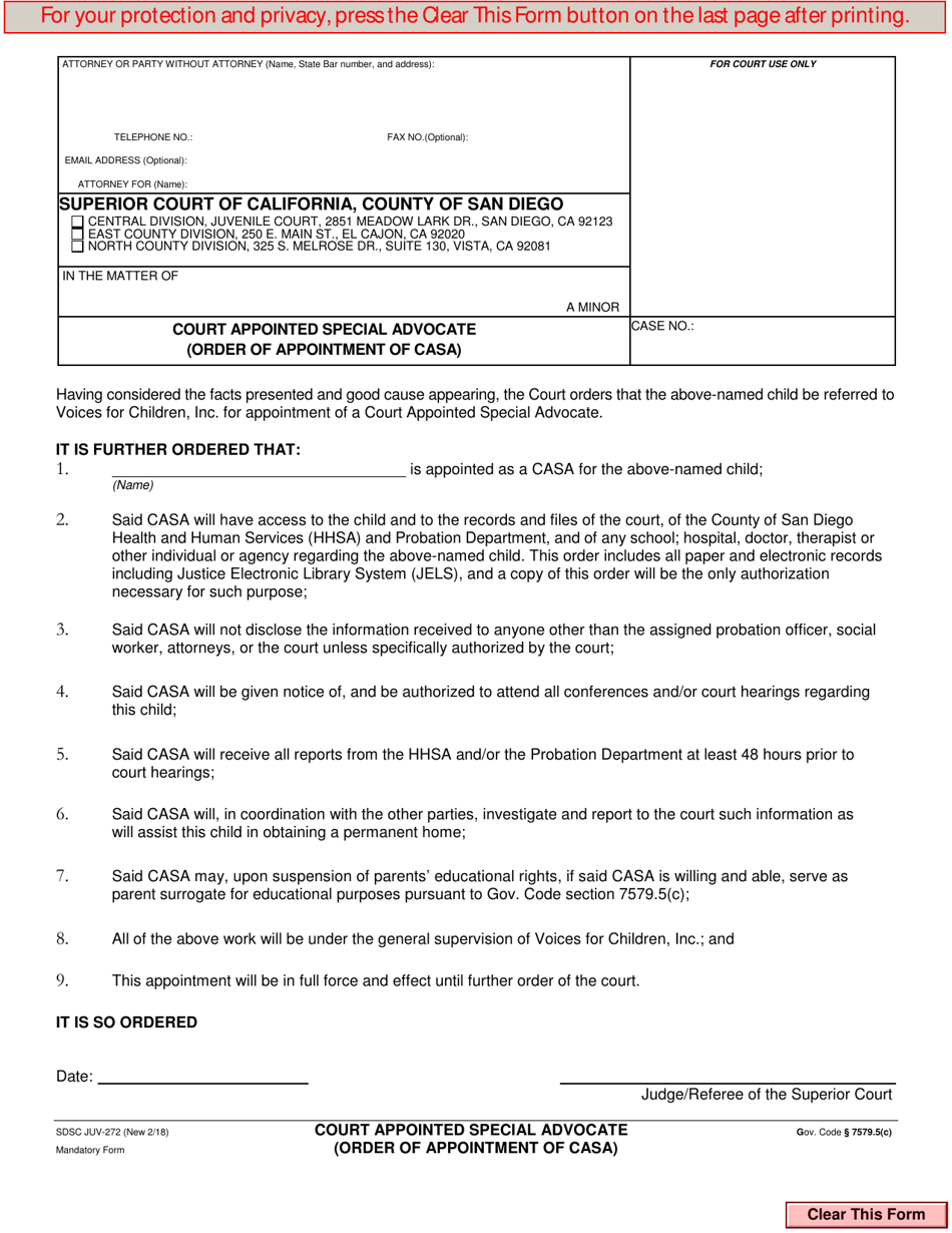 Form JUV-272 Court Appointed Special Advocate (Order of Appointment of Casa) - County of San Diego, California, Page 1