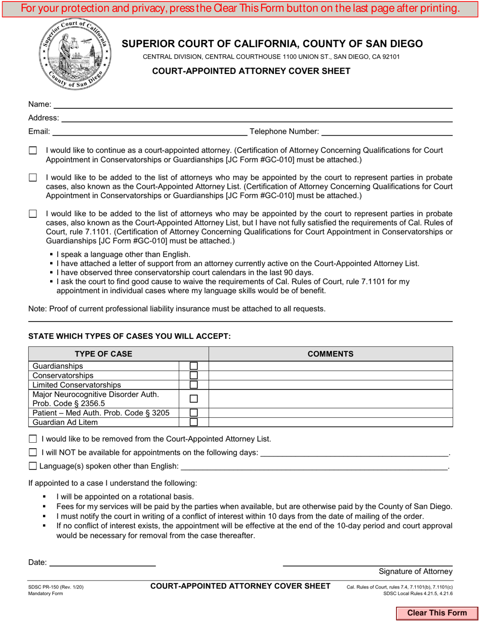 Form PR-150 Court-Appointed Attorney Cover Sheet - County of San Diego, California, Page 1