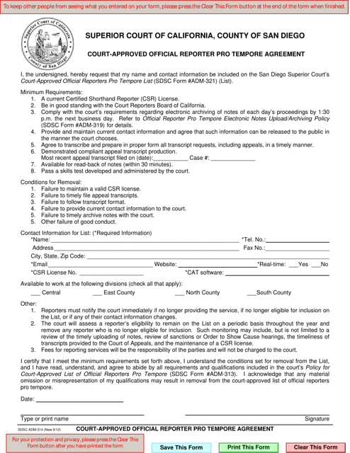 Form ADM-314 Court-Approved Official Reporter Pro Tempore Agreement - County of San Diego, California
