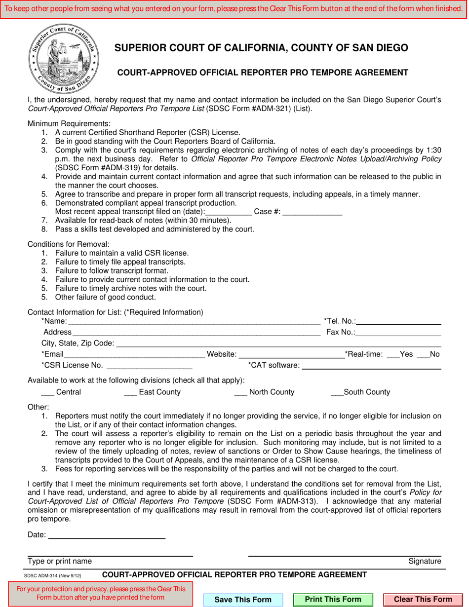 Form ADM-314 Court-Approved Official Reporter Pro Tempore Agreement - County of San Diego, California, Page 1