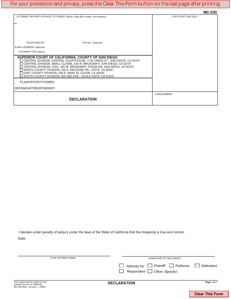 Form MC-030 Declaration - County of San Diego, California, Page 1