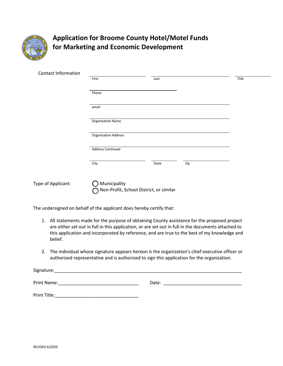 Application for Broome County Hotel / Motel Funds for Marketing and Economic Development - Broome County, New York, Page 1