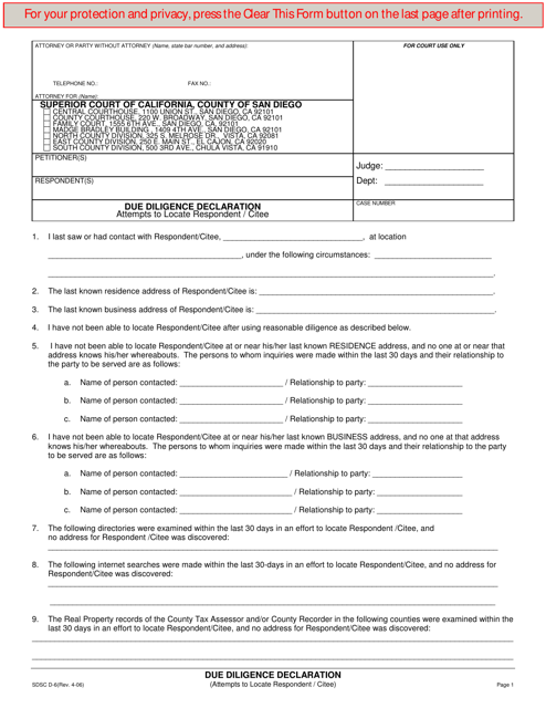 Form D-6 Due Diligence Declaration - County of San Diego, California