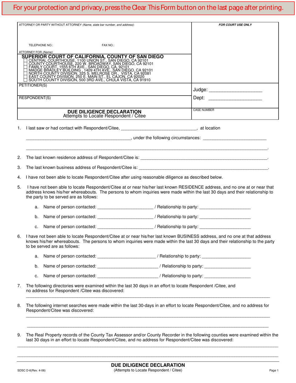 Form D-6 Due Diligence Declaration - County of San Diego, California, Page 1