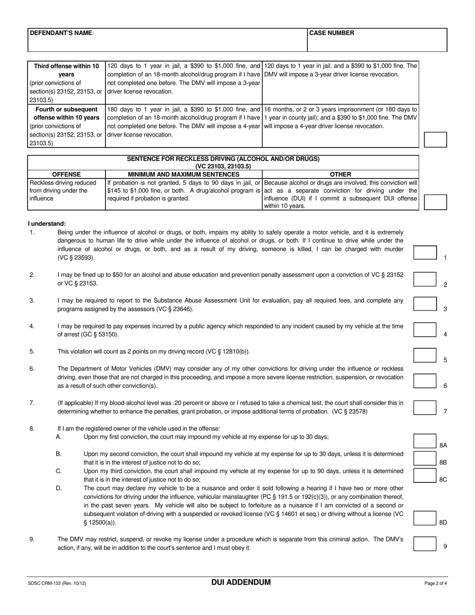 Form CRM-133 Dui Addendum - County of San Diego, California, Page 2