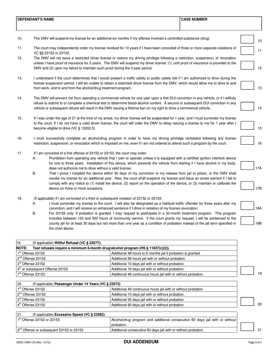Form CRM-133 Dui Addendum - County of San Diego, California, Page 3