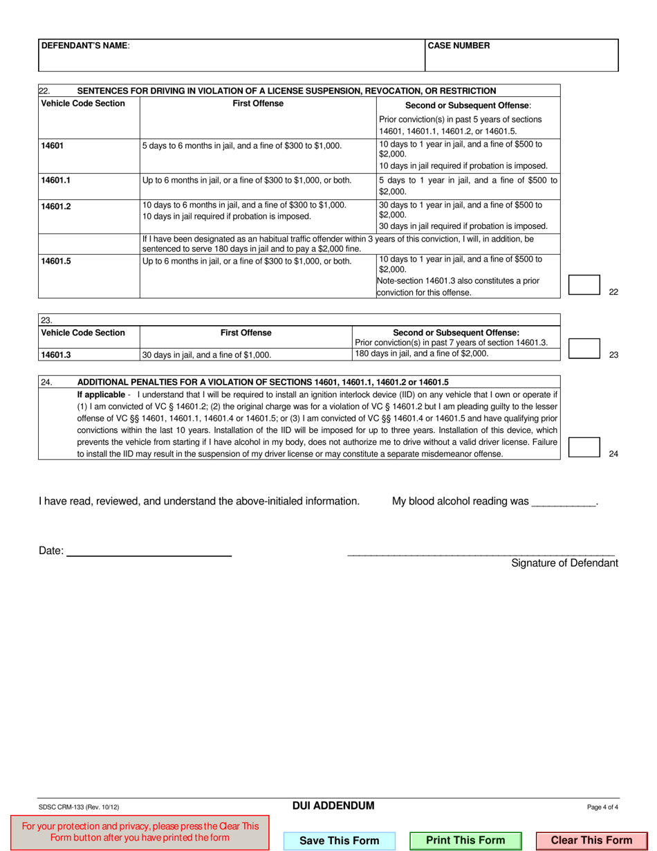 Form CRM-133 Dui Addendum - County of San Diego, California, Page 4