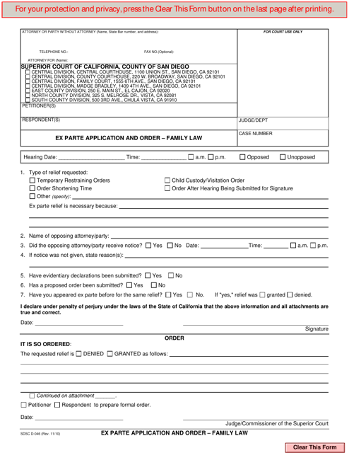 Form D-046 Ex Parte Application and Order - Family Law - County of San Diego, California