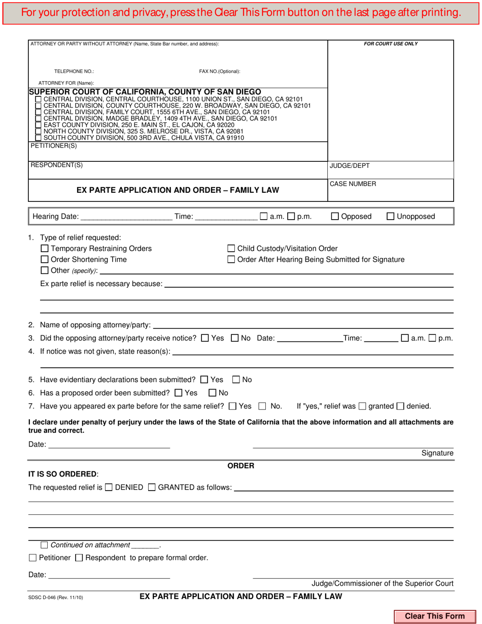 Form D-046 Ex Parte Application and Order - Family Law - County of San Diego, California, Page 1