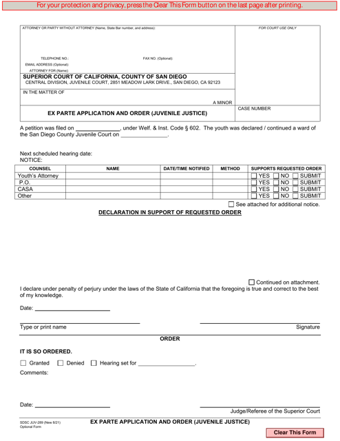 Form JUV-289 Ex Parte Application and Order (Juvenile Justice) - County of San Diego, California