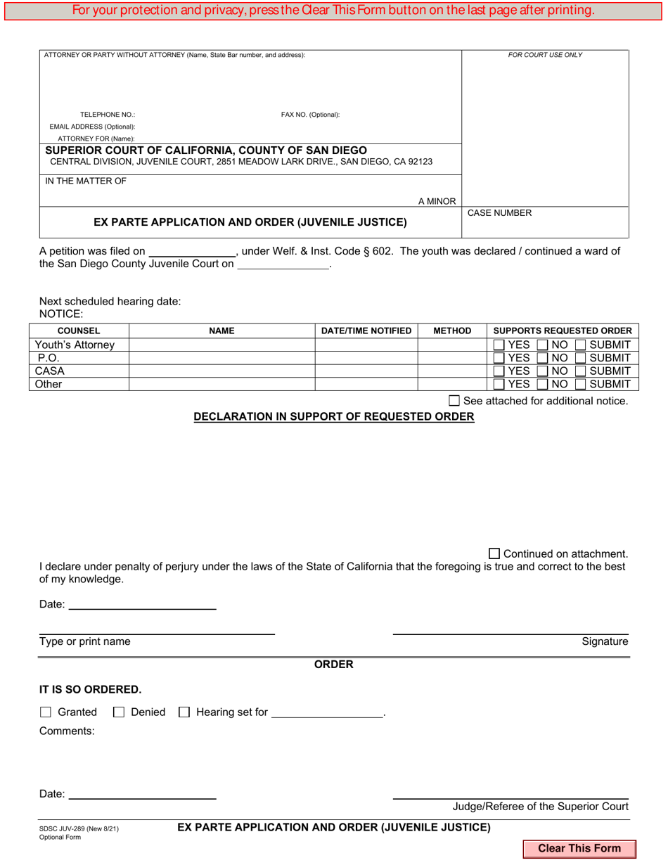 Form JUV-289 Ex Parte Application and Order (Juvenile Justice) - County of San Diego, California, Page 1