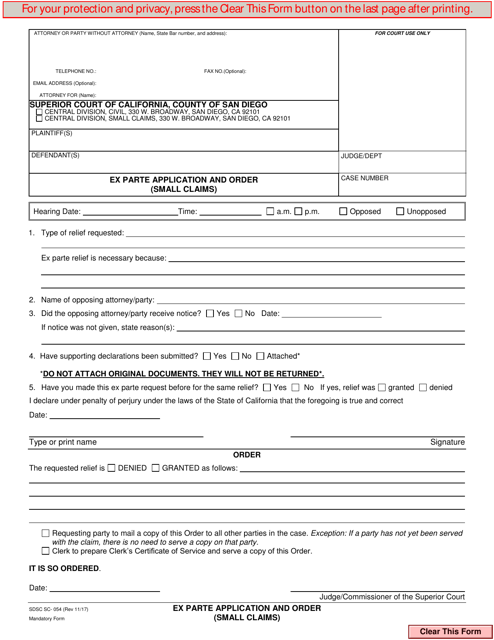 Form SC-054 Ex Parte Application and Order (Small Claims) - County of San Diego, California