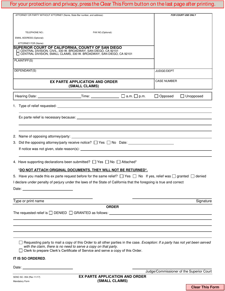 Form SC-054 Ex Parte Application and Order (Small Claims) - County of San Diego, California, Page 1