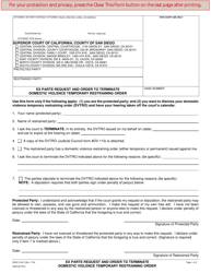 Document preview: Form D-001 Ex Parte Request and Order to Terminate Domestic Violence Temporary Restraining Order - County of San Diego, California