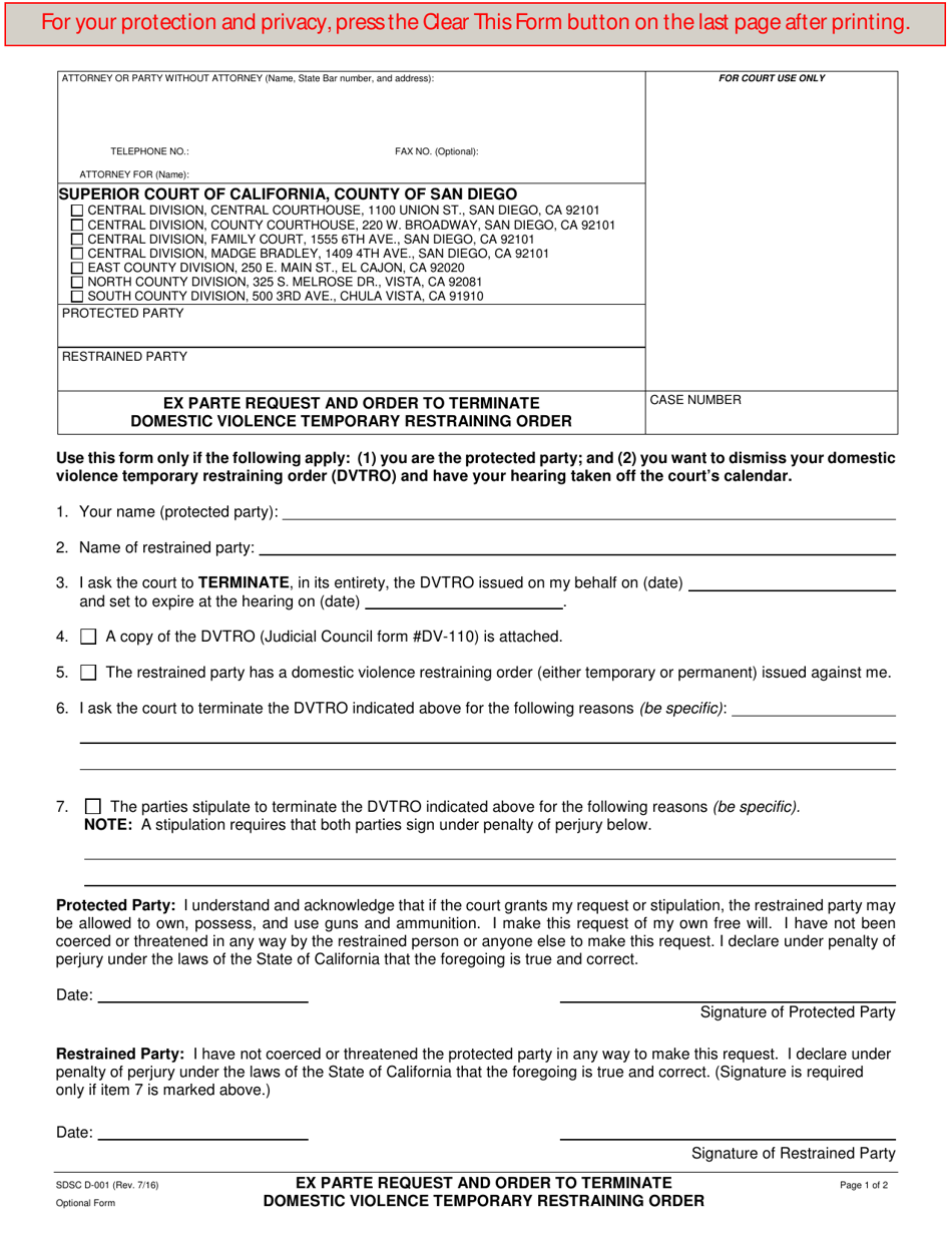 Form D-001 Ex Parte Request and Order to Terminate Domestic Violence Temporary Restraining Order - County of San Diego, California, Page 1
