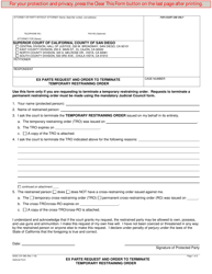Form CIV-386 &quot;Ex Parte Request and Order to Terminate Temporary Restraining Order&quot; - County of San Diego, California