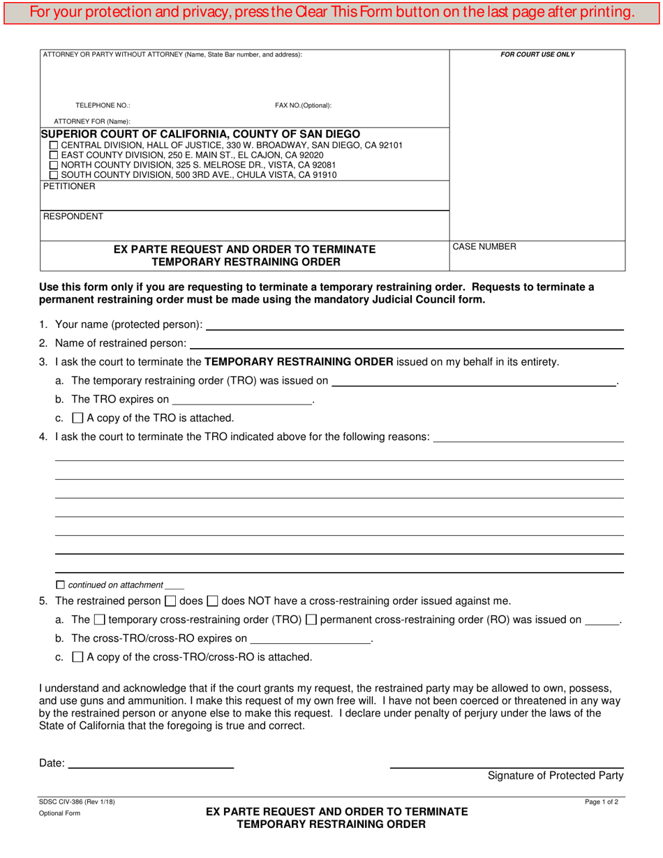 Form CIV-386 Ex Parte Request and Order to Terminate Temporary Restraining Order - County of San Diego, California, Page 1